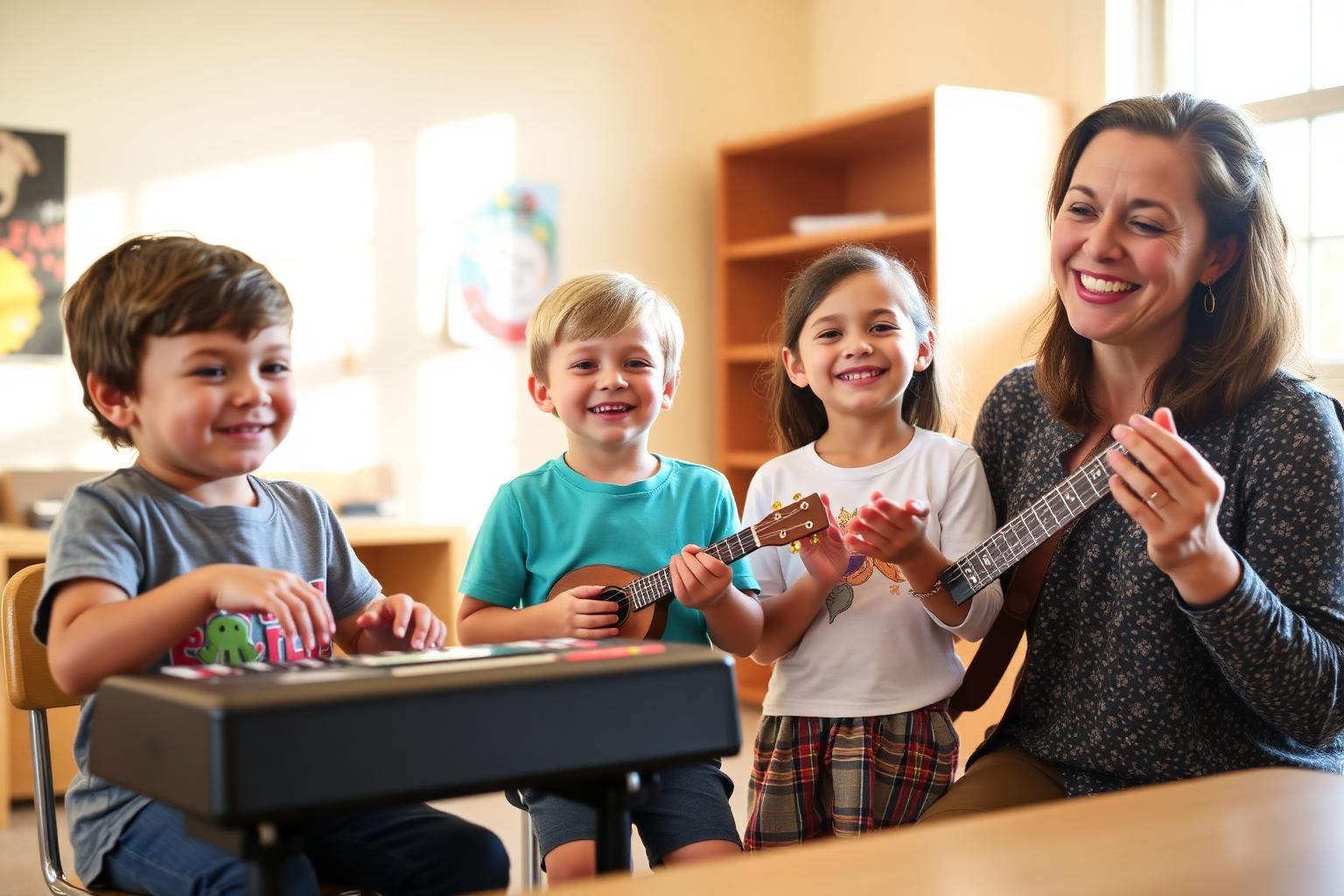 Three cheerful kids and their music teacher in a bright classroom near Daytona Beach