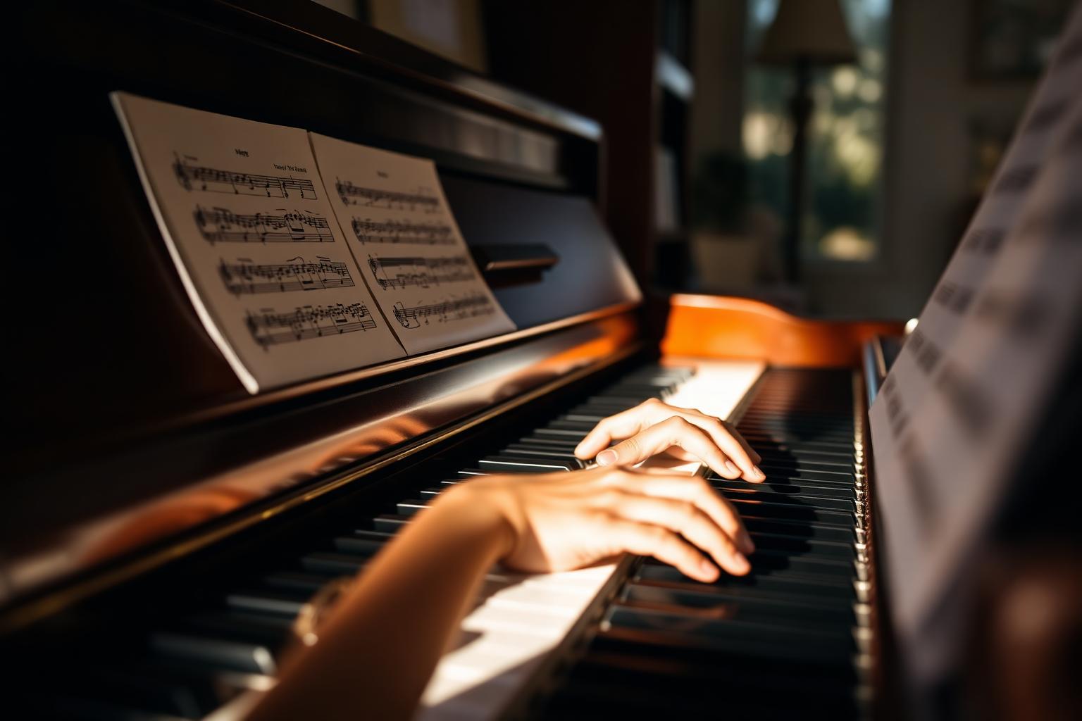 Close-up of a student's hands playing an upright piano in a warm, sunlit lesson studio