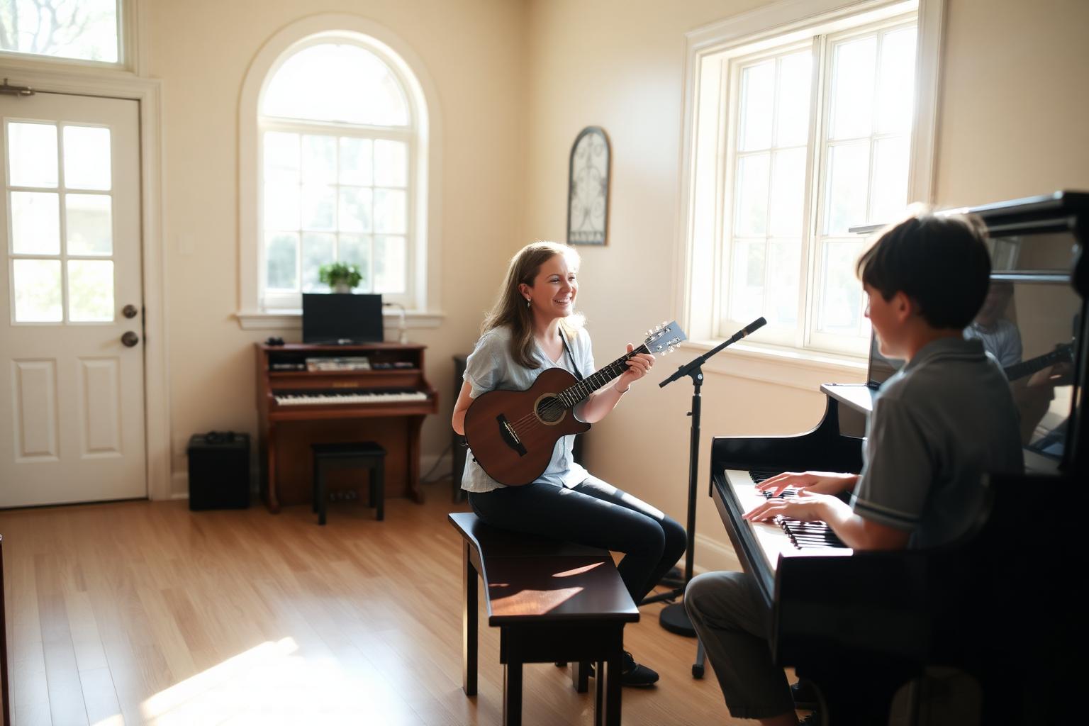 Music teacher and teen student in a warm, sunlit studio near Daytona Beach, Florida